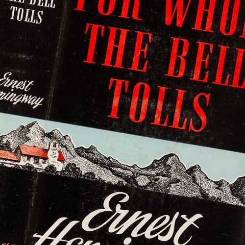 First Edition cover of Hemingway's For Whom The Bell Tolls, with red writing and a picture of Spanish mountains. Hemingway inspires many writers, including Gail Owen.